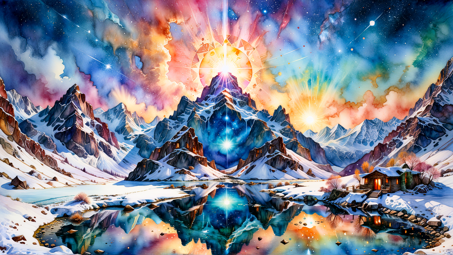 AI generated wallpaper featuring mountains, lake, house, sun, stars, clouds, snow, reflection, cosmos, aurora