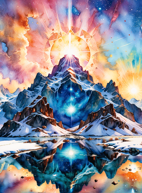 mountains, lake, house, sun, stars, clouds, snow, reflection, cosmos, aurora