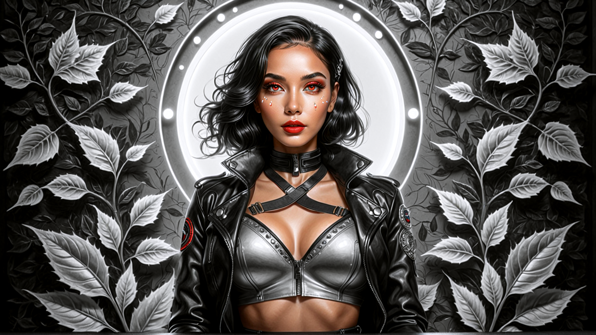 AI generated wallpaper featuring woman, leather jacket, bustier, choker, leaves