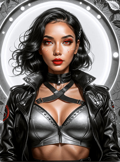 woman, leather jacket, bustier, choker, leaves