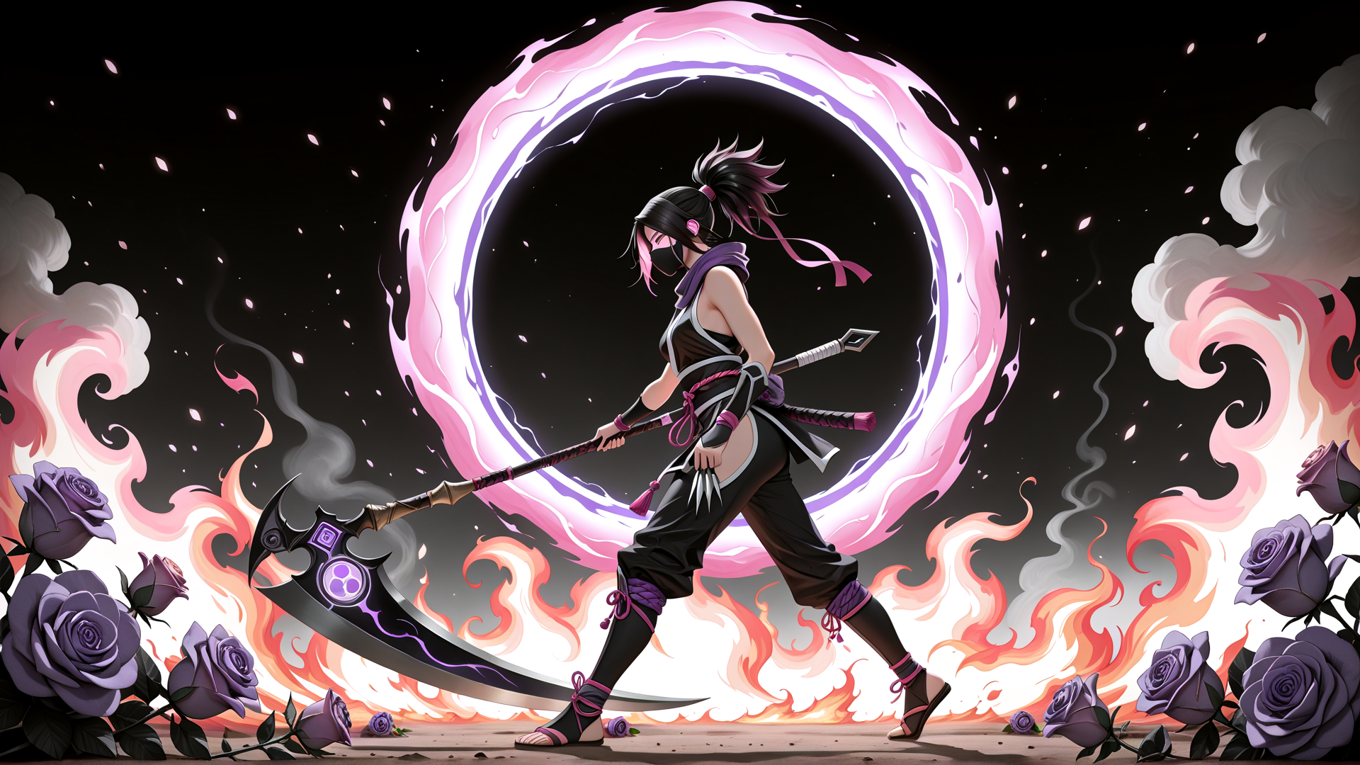 AI generated wallpaper featuring ninja, ax, roses, circle, clouds