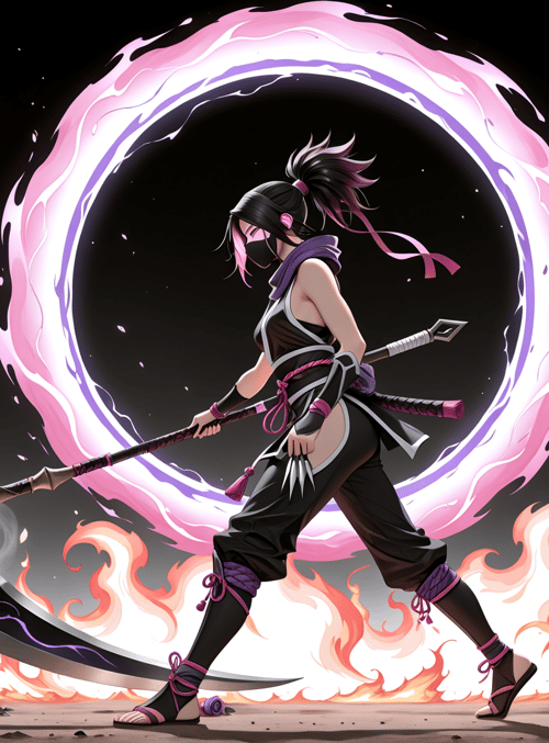 ninja, ax, roses, circle, clouds