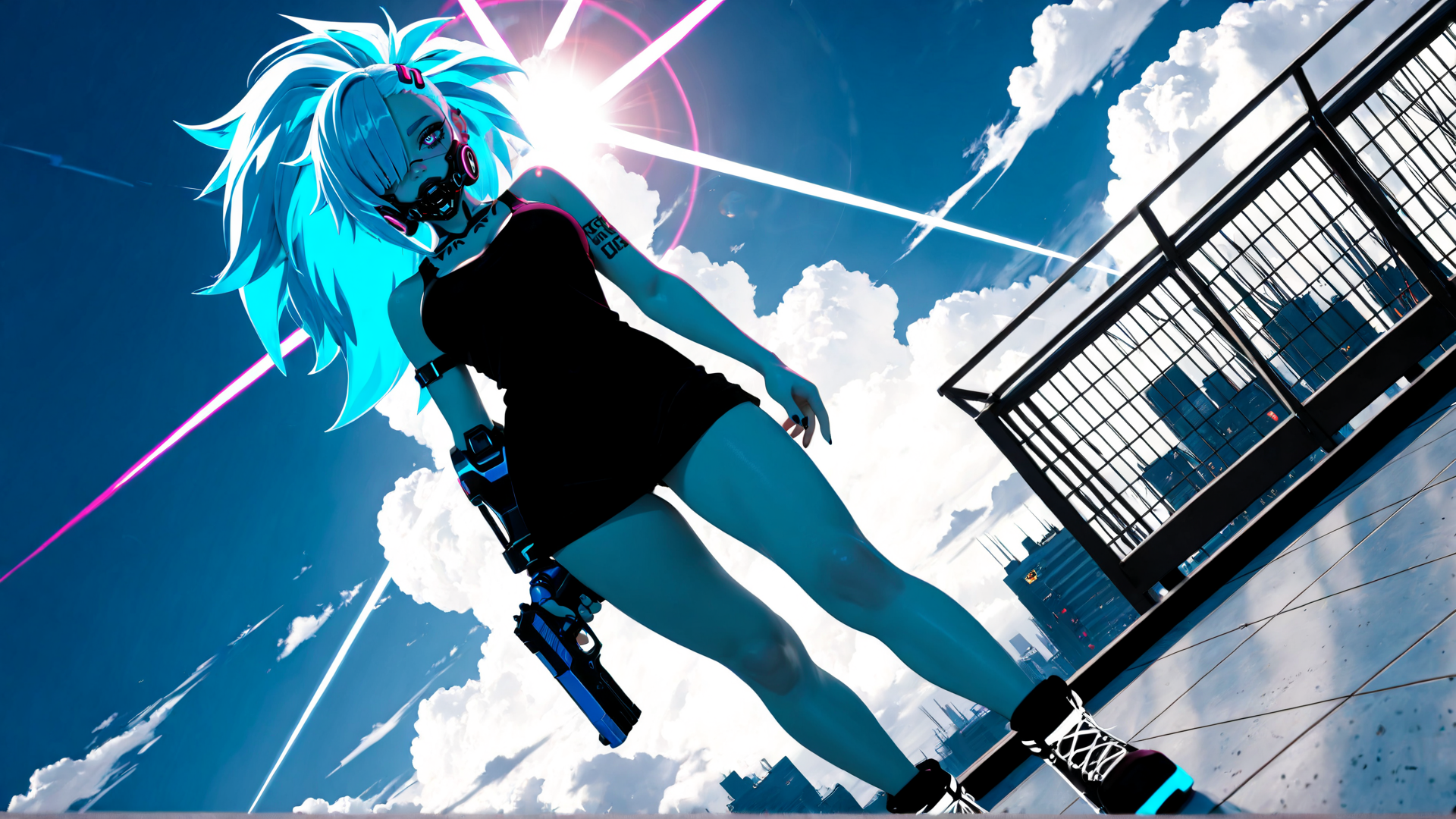AI generated wallpaper featuring cyberpunk, anime, girl, gun, helmet, hair, city, sky, platform, sneakers
