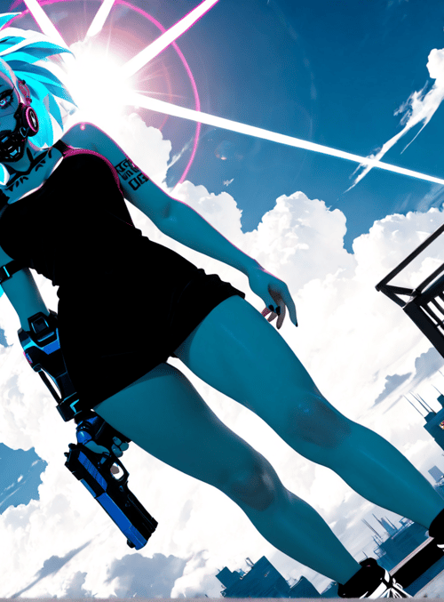 cyberpunk, anime, girl, gun, helmet, hair, city, sky, platform, sneakers