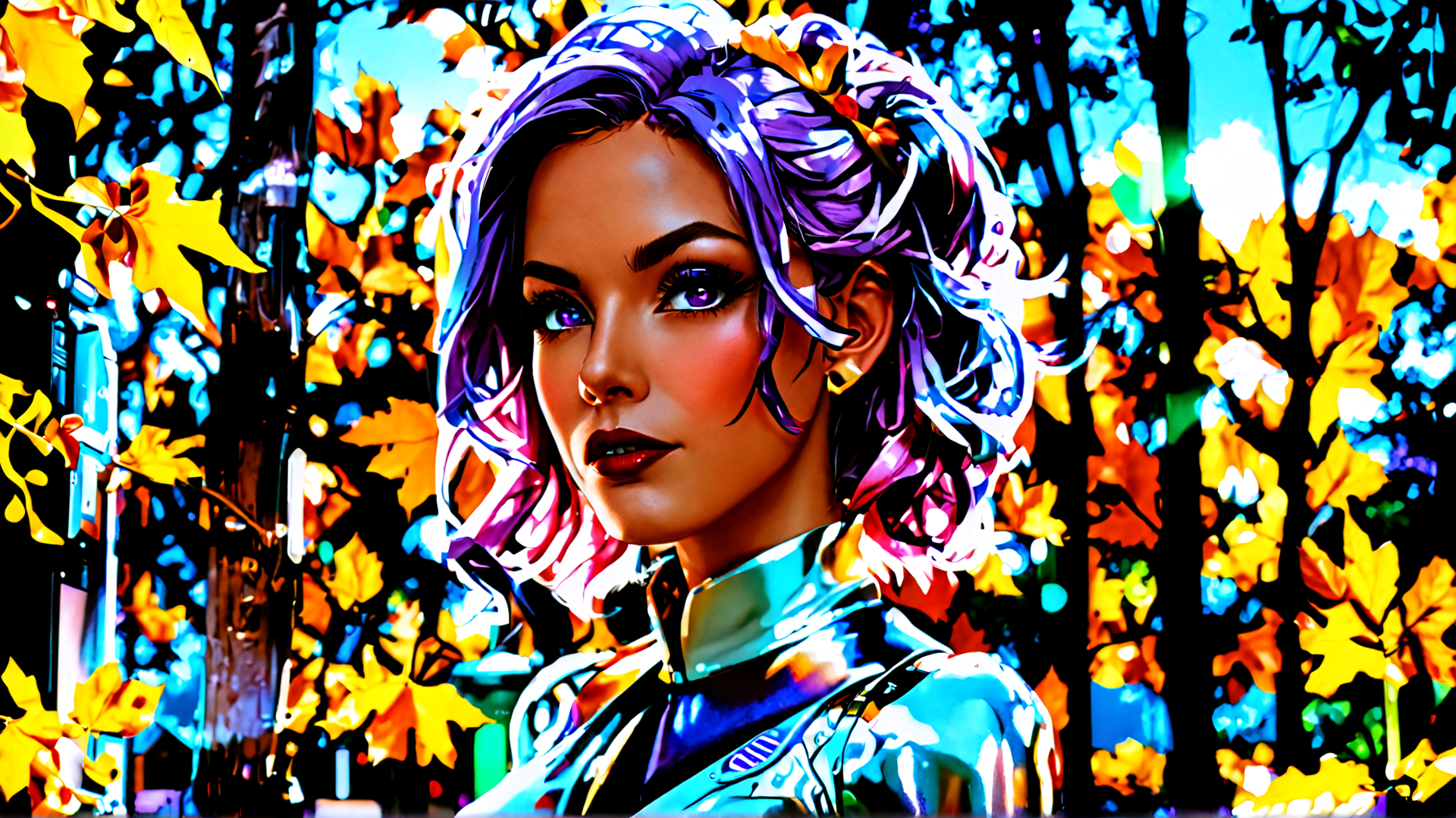 AI generated wallpaper featuring woman, leaves, trees, city