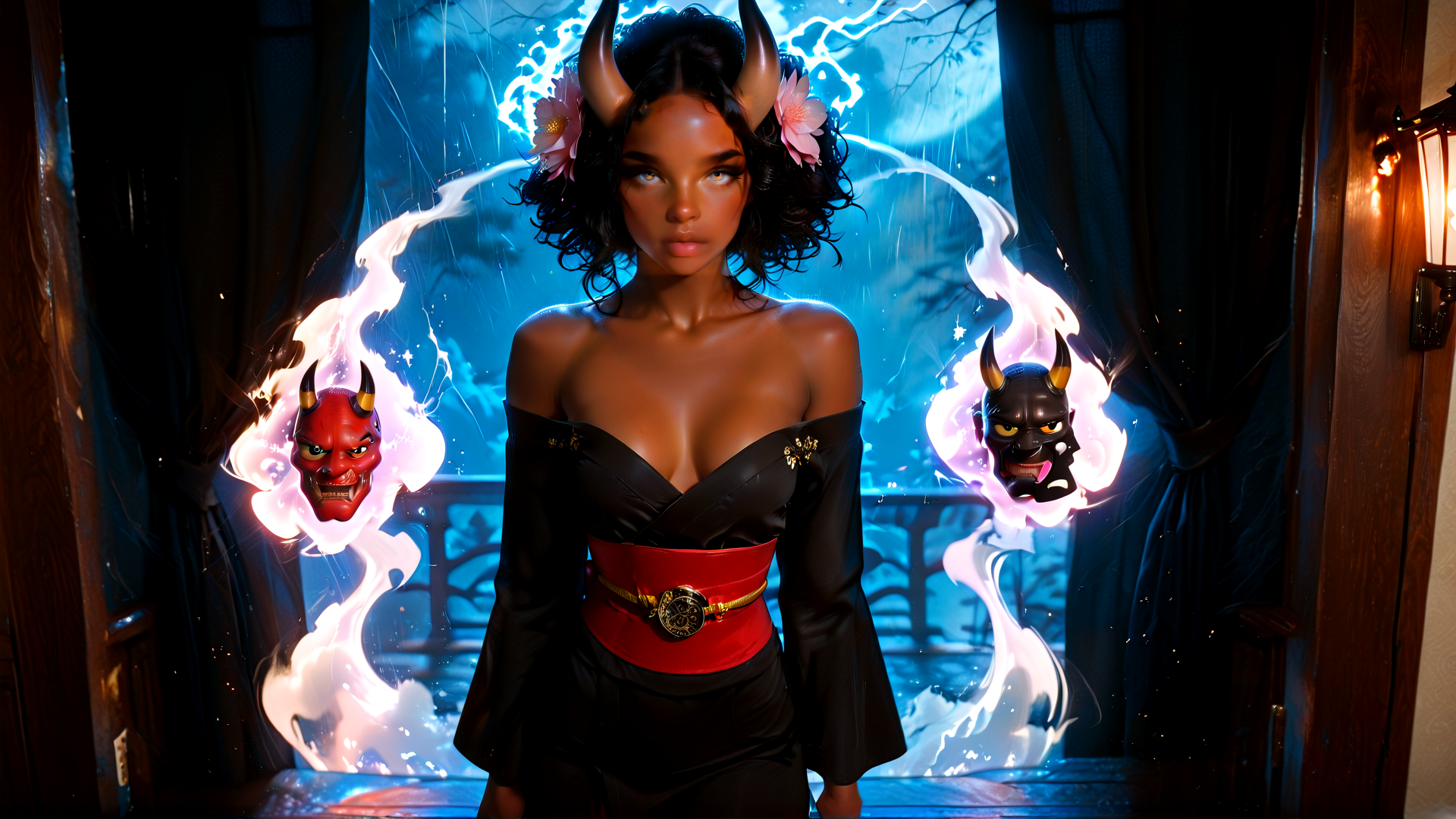 AI generated wallpaper featuring woman, horned, devil masks, fire, flowers, gowns, moon, curtains, doorway, spirits