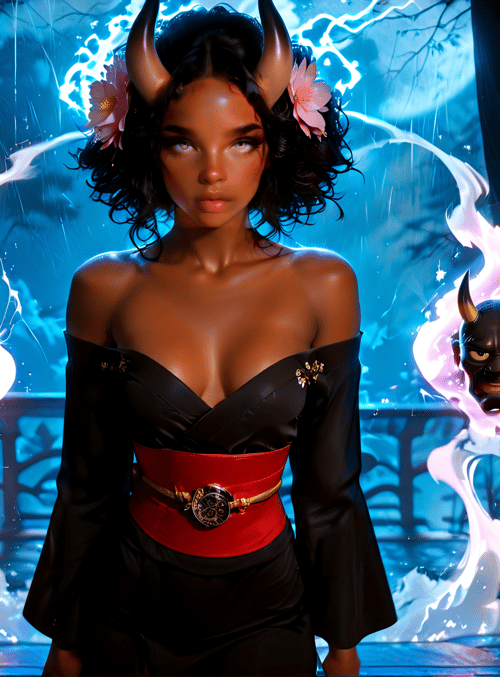 woman, horned, devil masks, fire, flowers, gowns, moon, curtains, doorway, spirits