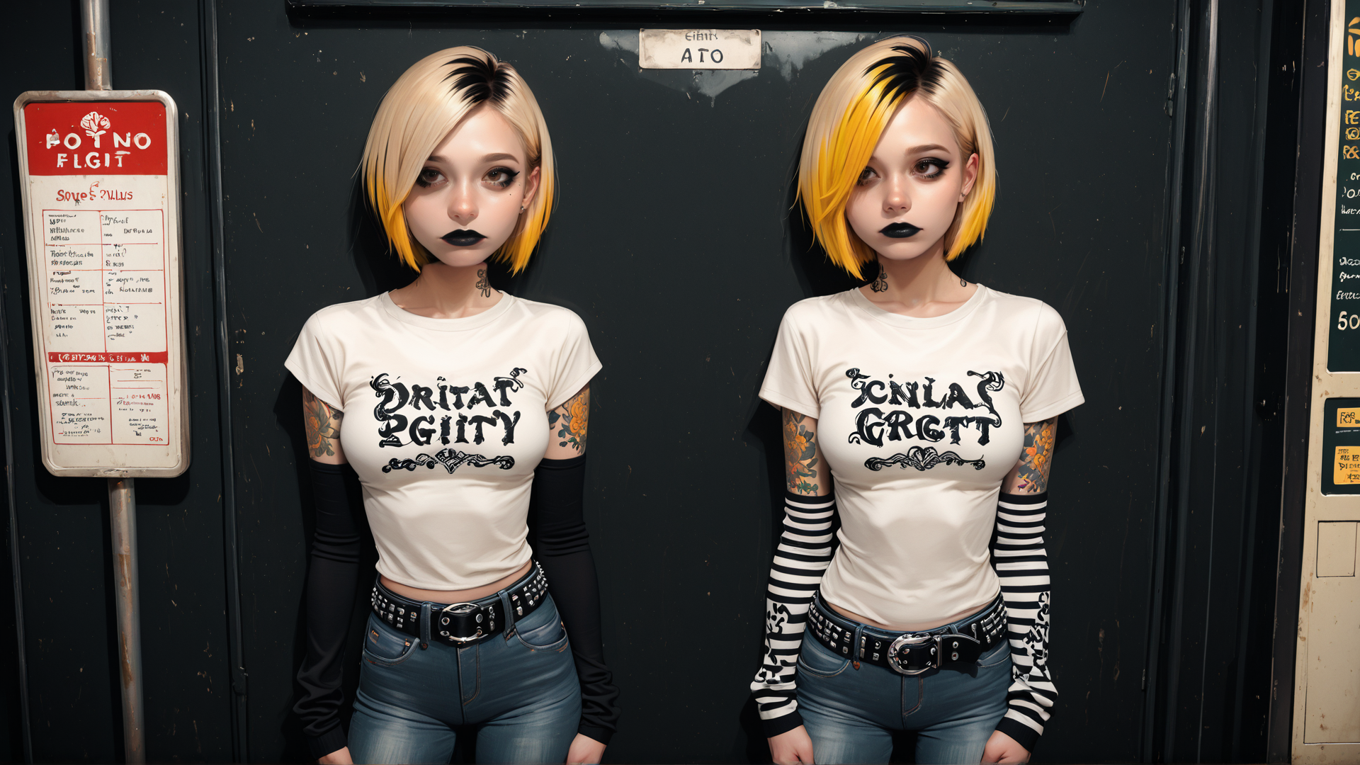 AI generated wallpaper featuring women, t-shirt, tattoo, jeans, belt, short hair, black eyeliner, sleeveless top