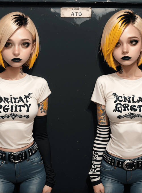 women, t-shirt, tattoo, jeans, belt, short hair, black eyeliner, sleeveless top