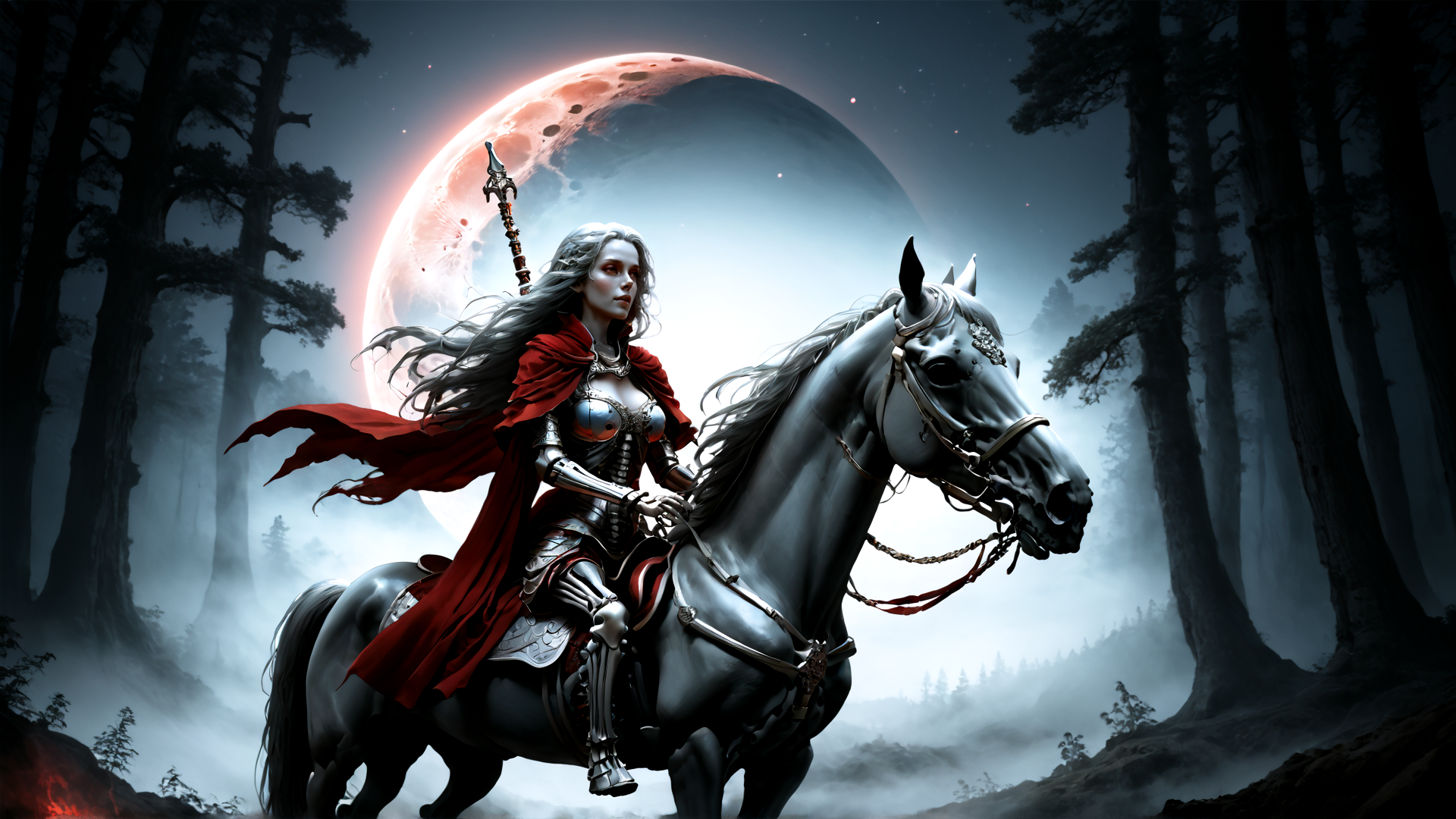 AI generated wallpaper featuring woman, horse, spear, forest, moon, armor, cape, trees