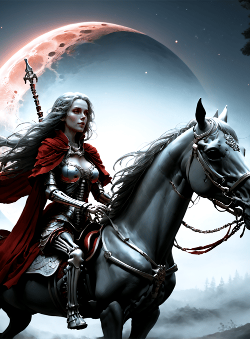 woman, horse, spear, forest, moon, armor, cape, trees