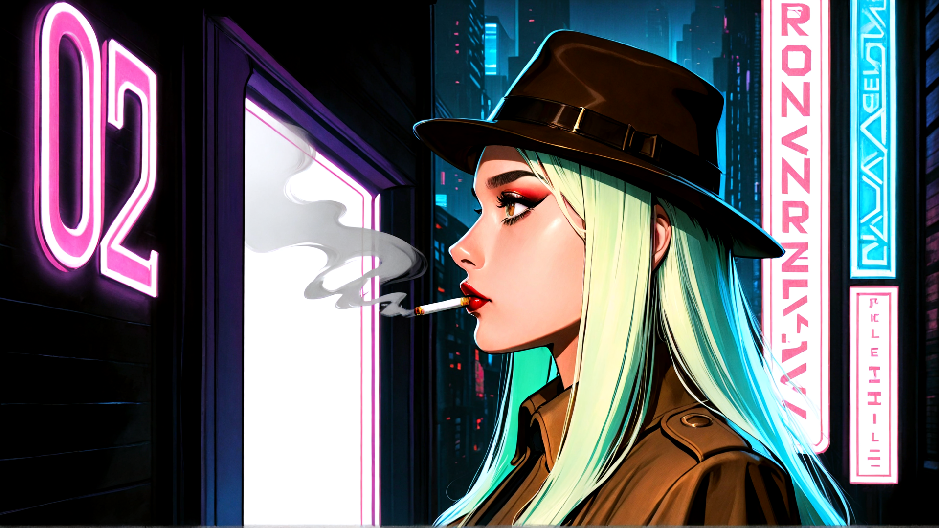 AI generated wallpaper featuring woman, hat, cigarette, neon sign, cityscape, coat, hair, window, signboard