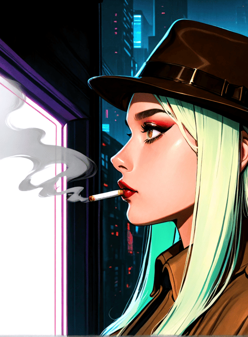 woman, hat, cigarette, neon sign, cityscape, coat, hair, window, signboard