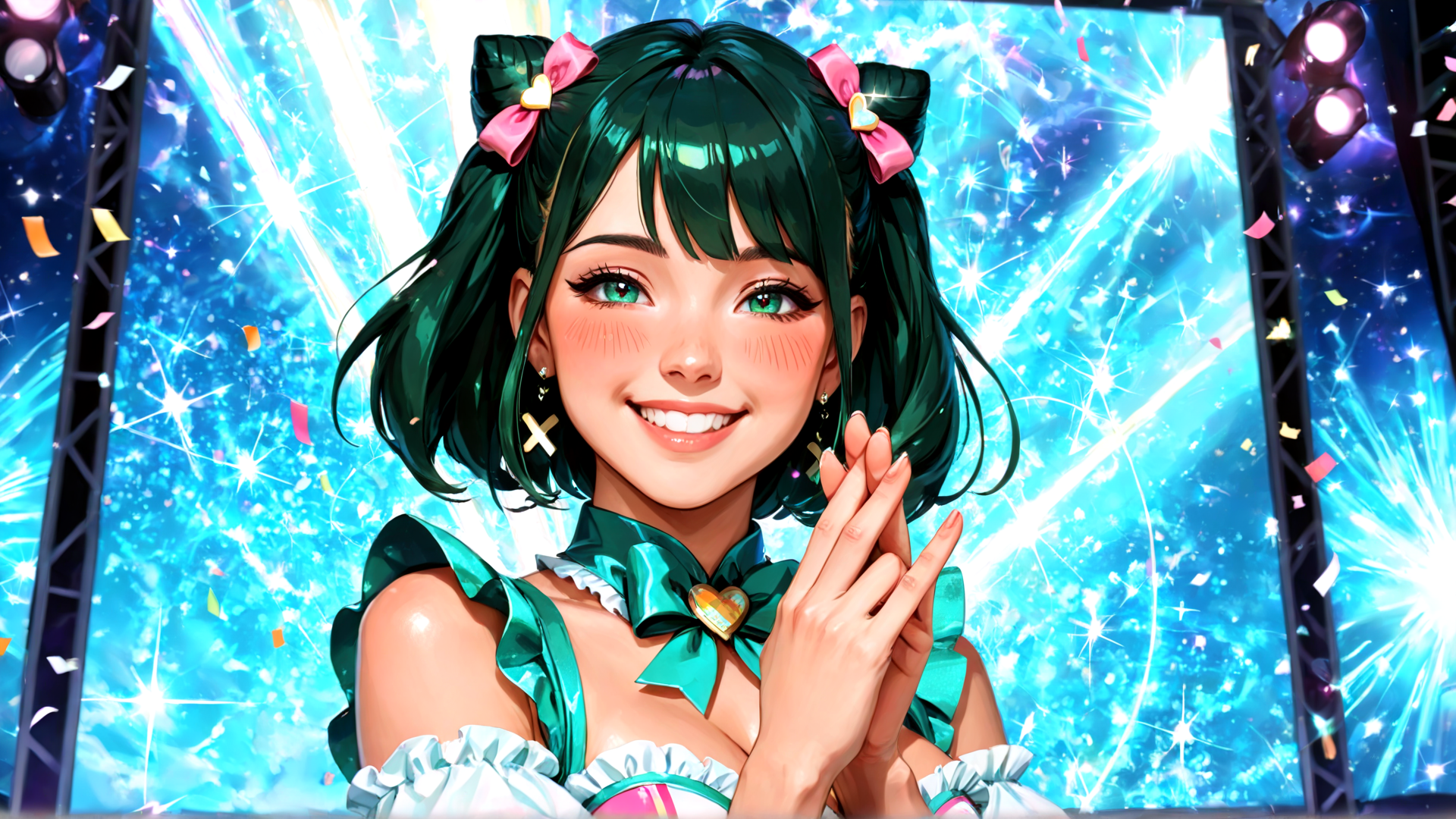 AI generated wallpaper featuring girl, stage, confetti, sparkles, bow, hearts, ears, hands, dress, lights