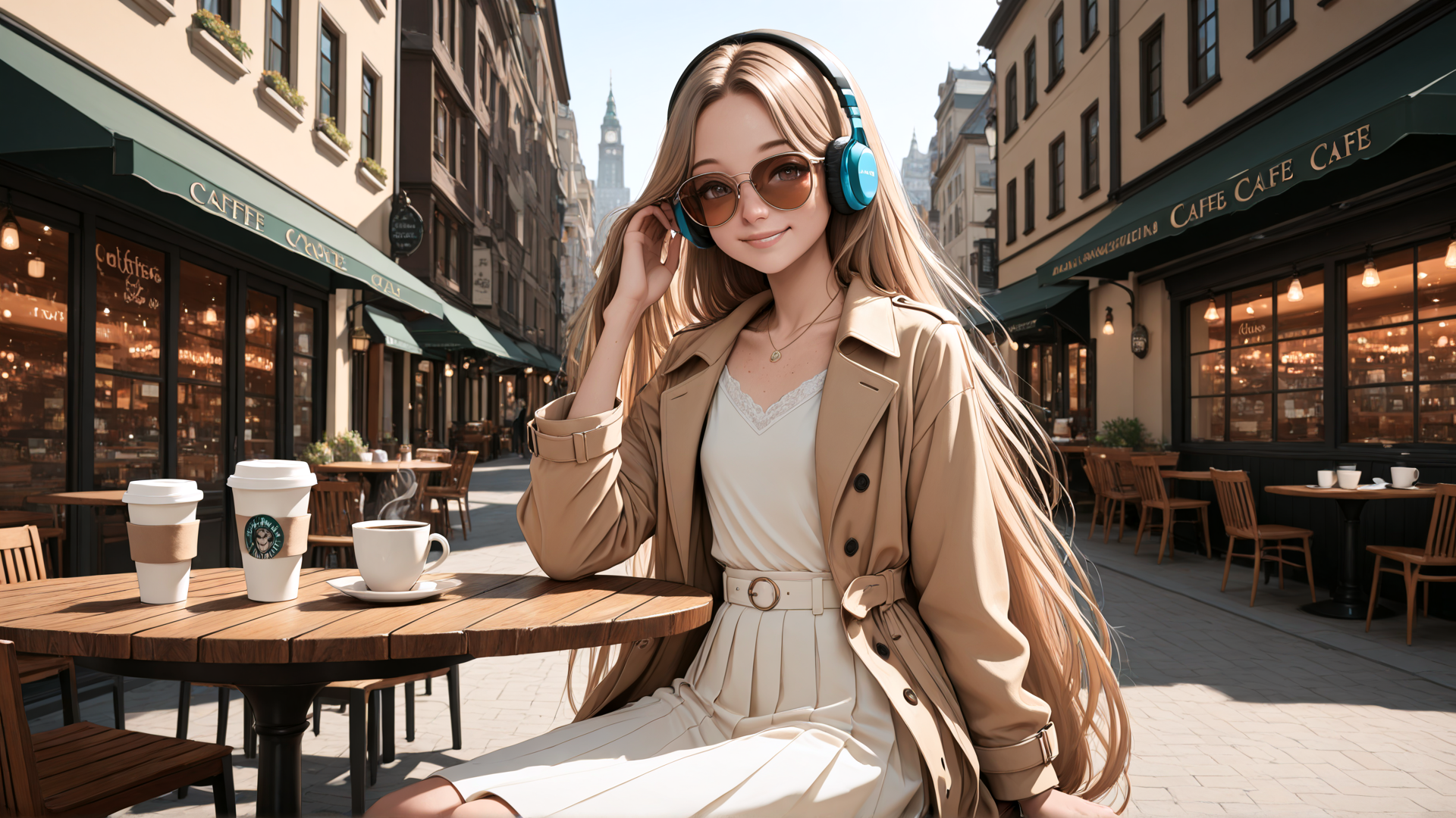 AI generated wallpaper featuring woman, cafe, table, coffee, headphones, buildings, street, sunglasses, dress, coat