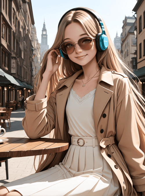 woman, cafe, table, coffee, headphones, buildings, street, sunglasses, dress, coat