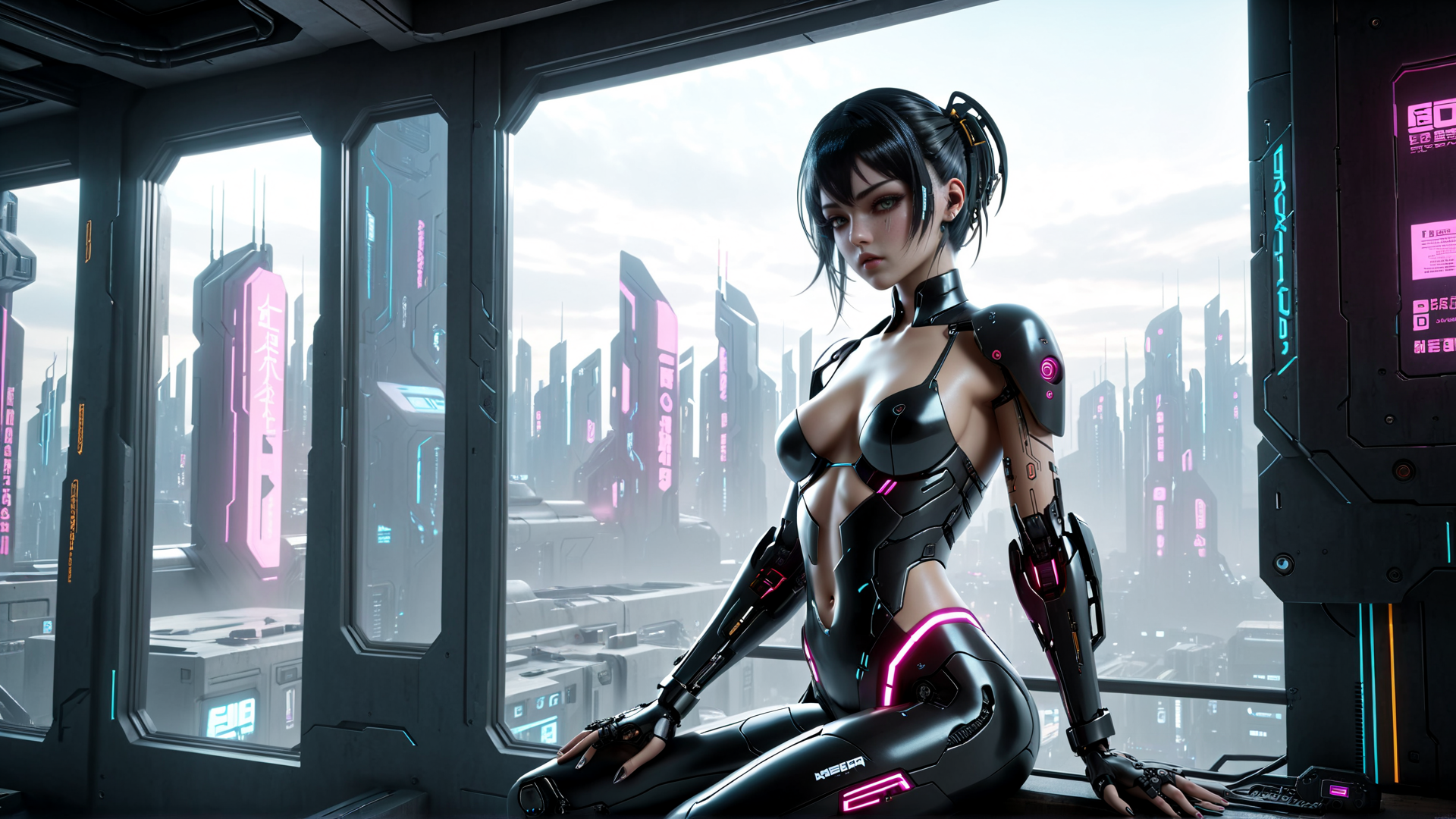 AI generated wallpaper featuring cyborg, woman, city