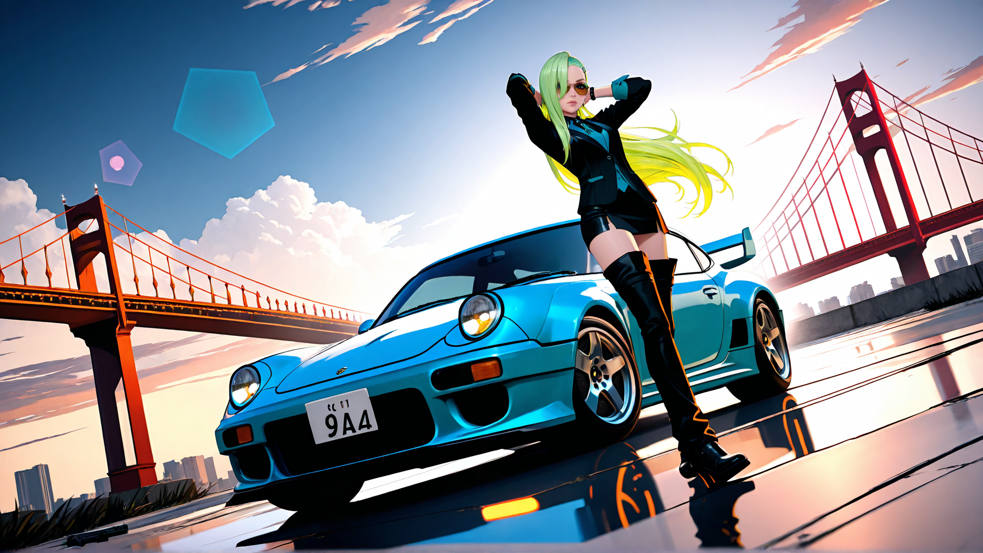 AI generated wallpaper featuring woman, car, bridge, sunglasses, boot, hair