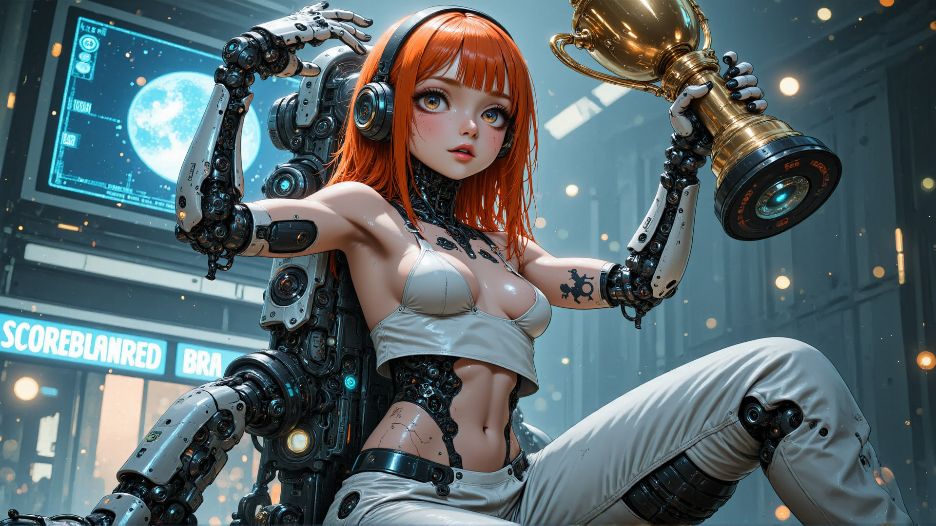 AI generated wallpaper featuring cyborg, woman, trophy, robot, headphones, tattoo, gloves, screen, cityscape, space
