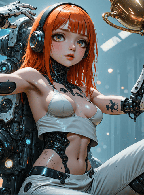 cyborg, woman, trophy, robot, headphones, tattoo, gloves, screen, cityscape, space