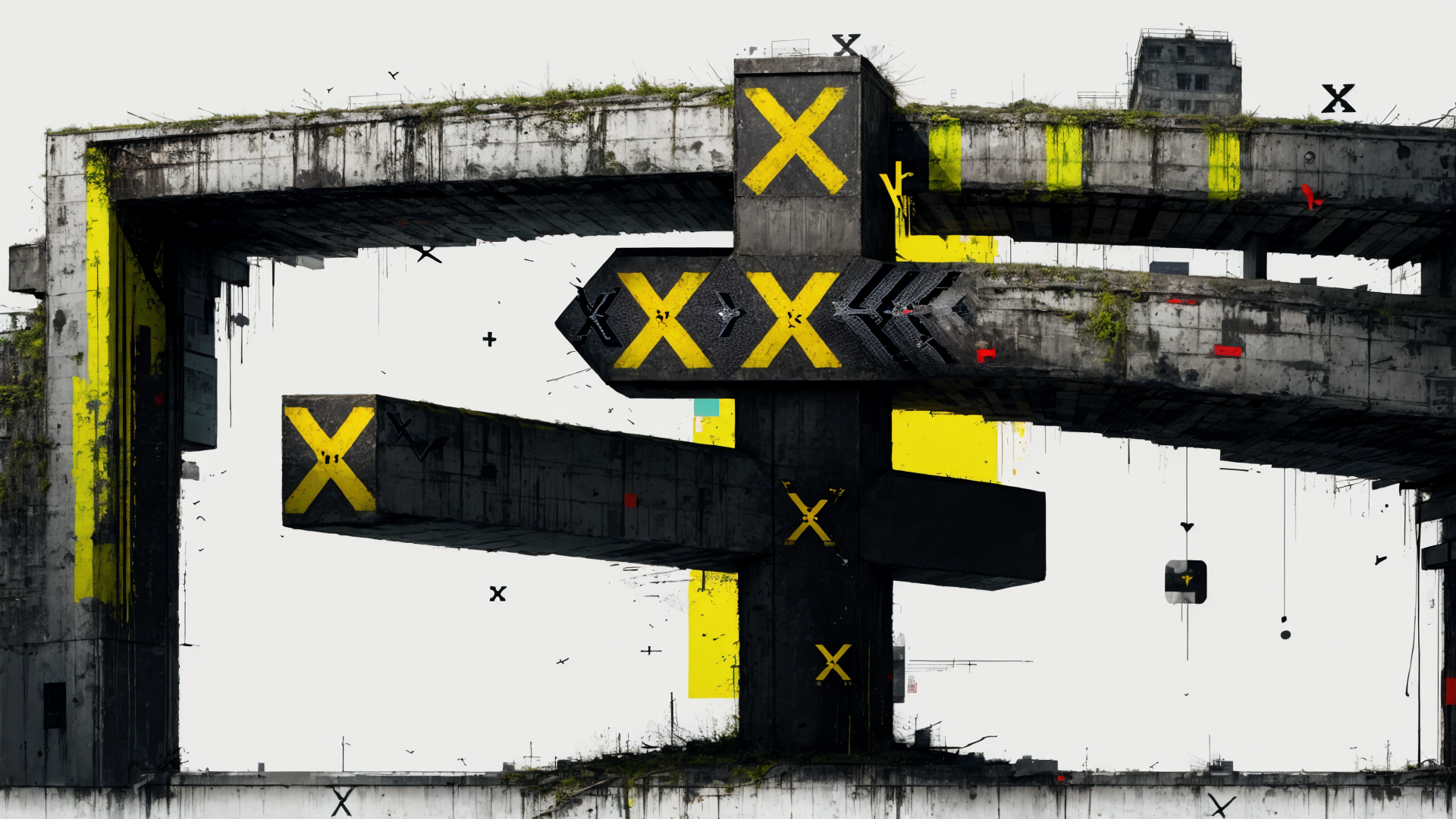 AI generated wallpaper featuring building, structure, concrete, cross, urban, debris