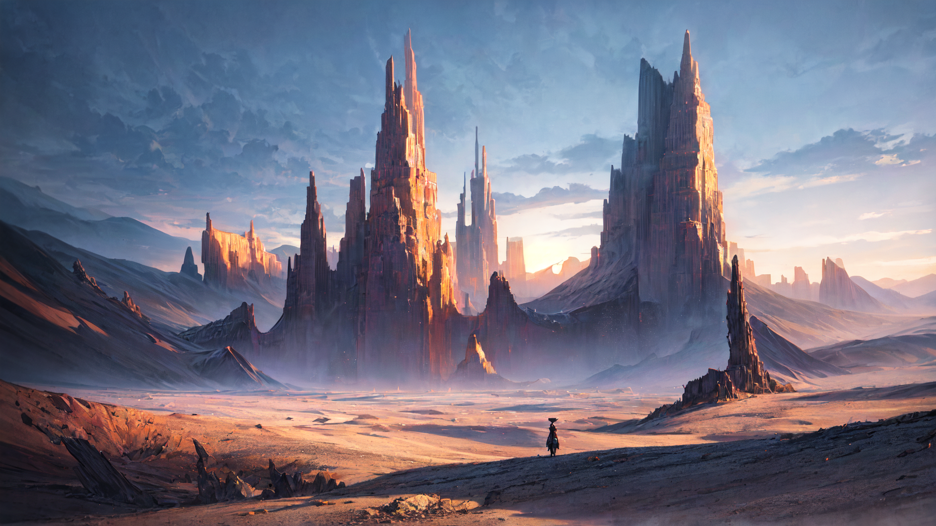 AI generated wallpaper featuring castle, desert, person