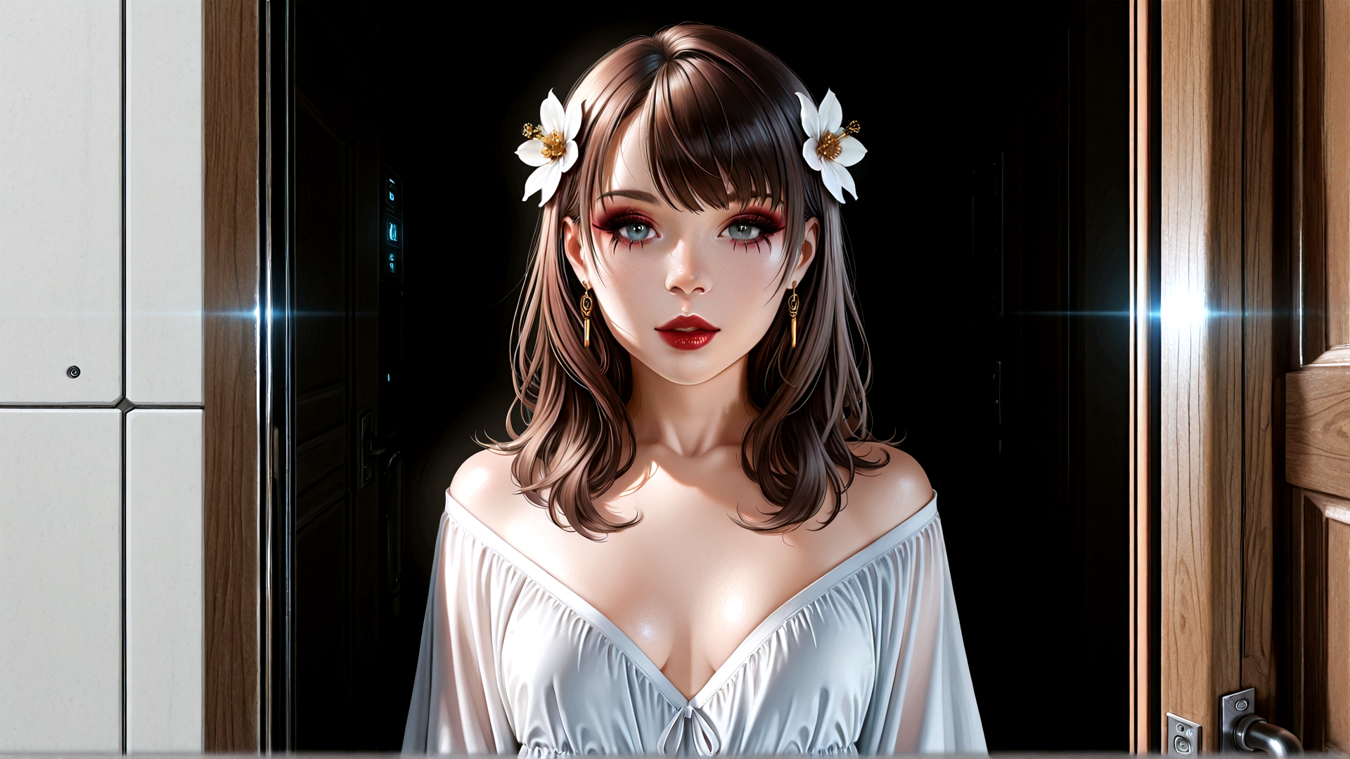 AI generated wallpaper featuring woman, flowers, door, earrings, dress, hair
