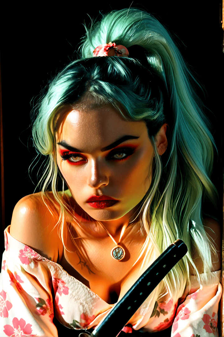 AI generated wallpaper featuring woman, swords, kimono, hair