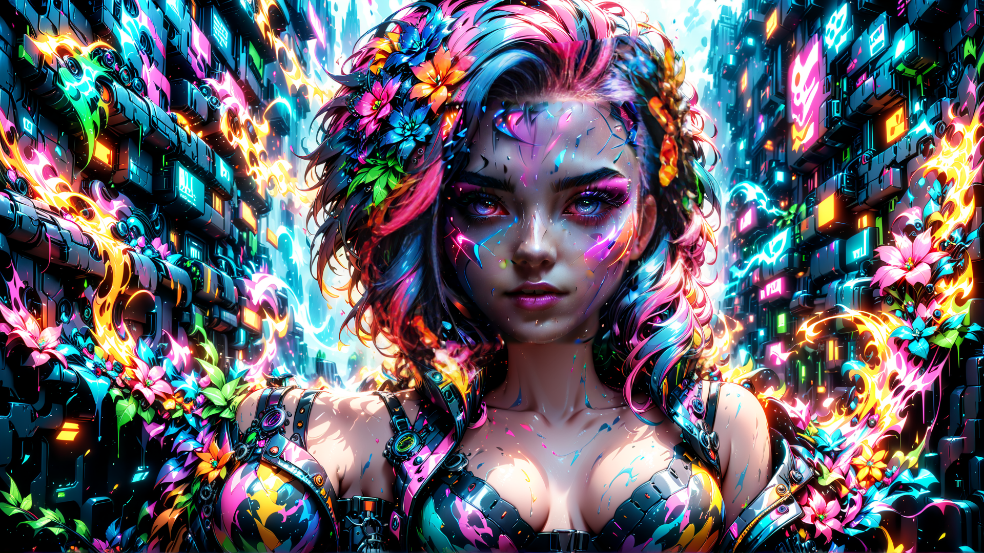 AI generated wallpaper featuring woman, cyberpunk, flowers