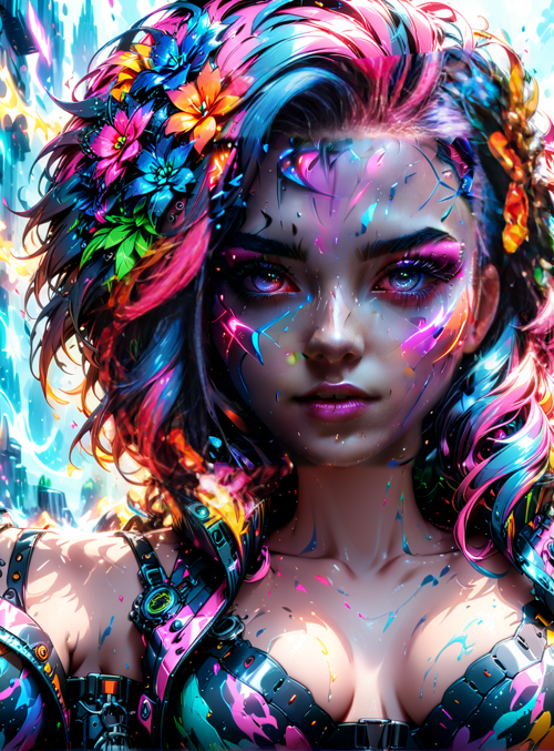 woman, cyberpunk, flowers