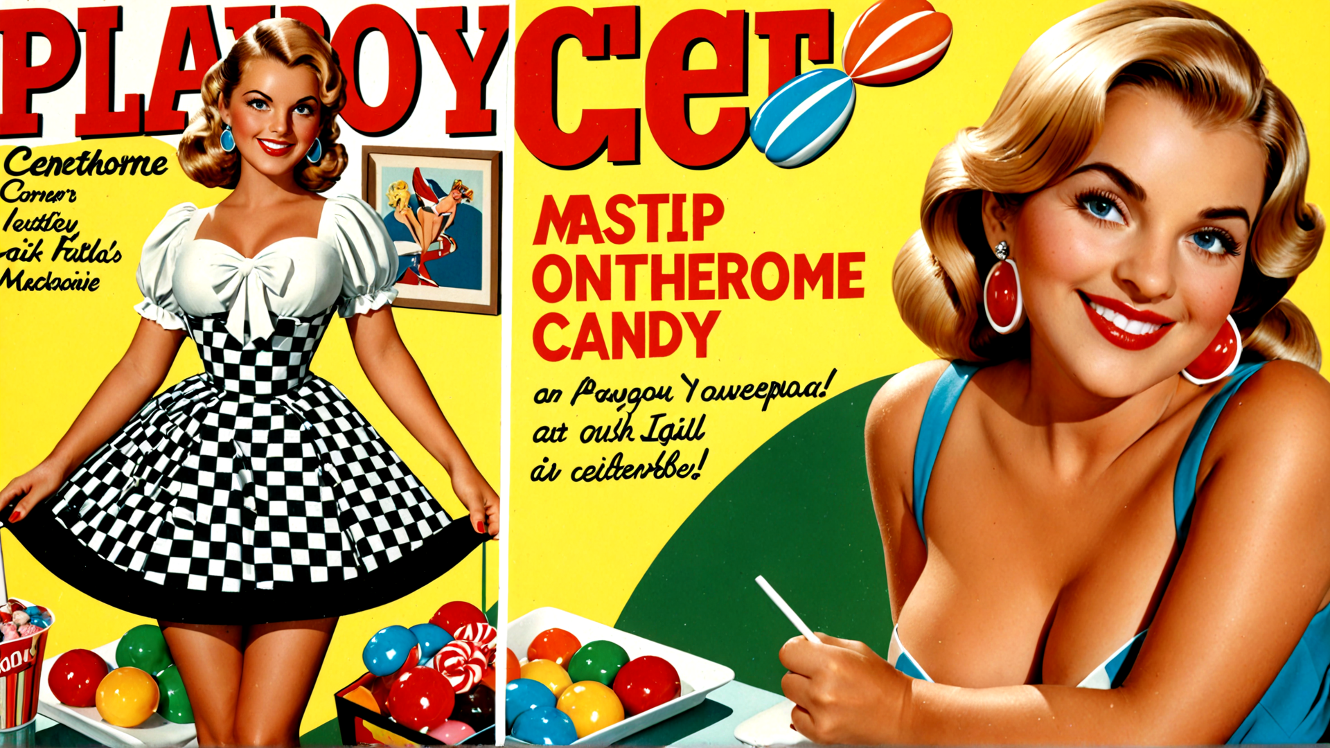 AI generated wallpaper featuring woman, candy, dress, poster, balloon, earring, lollipop, illustration, text, sweater