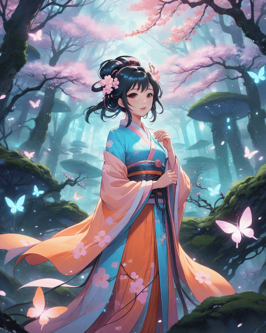AI generated wallpaper featuring girl, butterfly, cherry tree