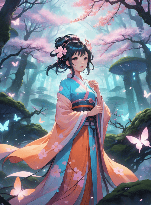 girl, butterfly, cherry tree