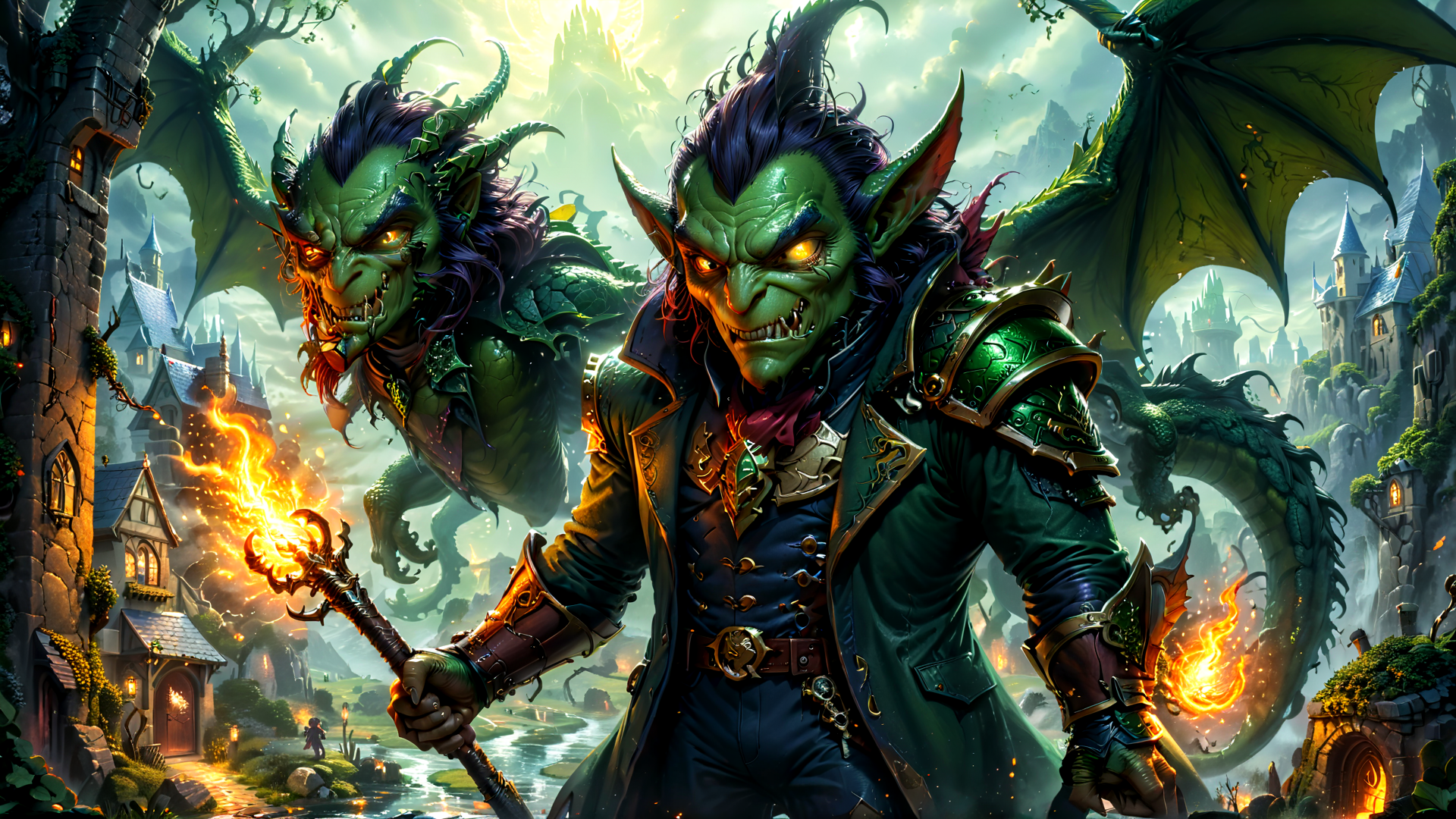 AI generated wallpaper featuring demon, dragon, wizard, castle, torch, armor