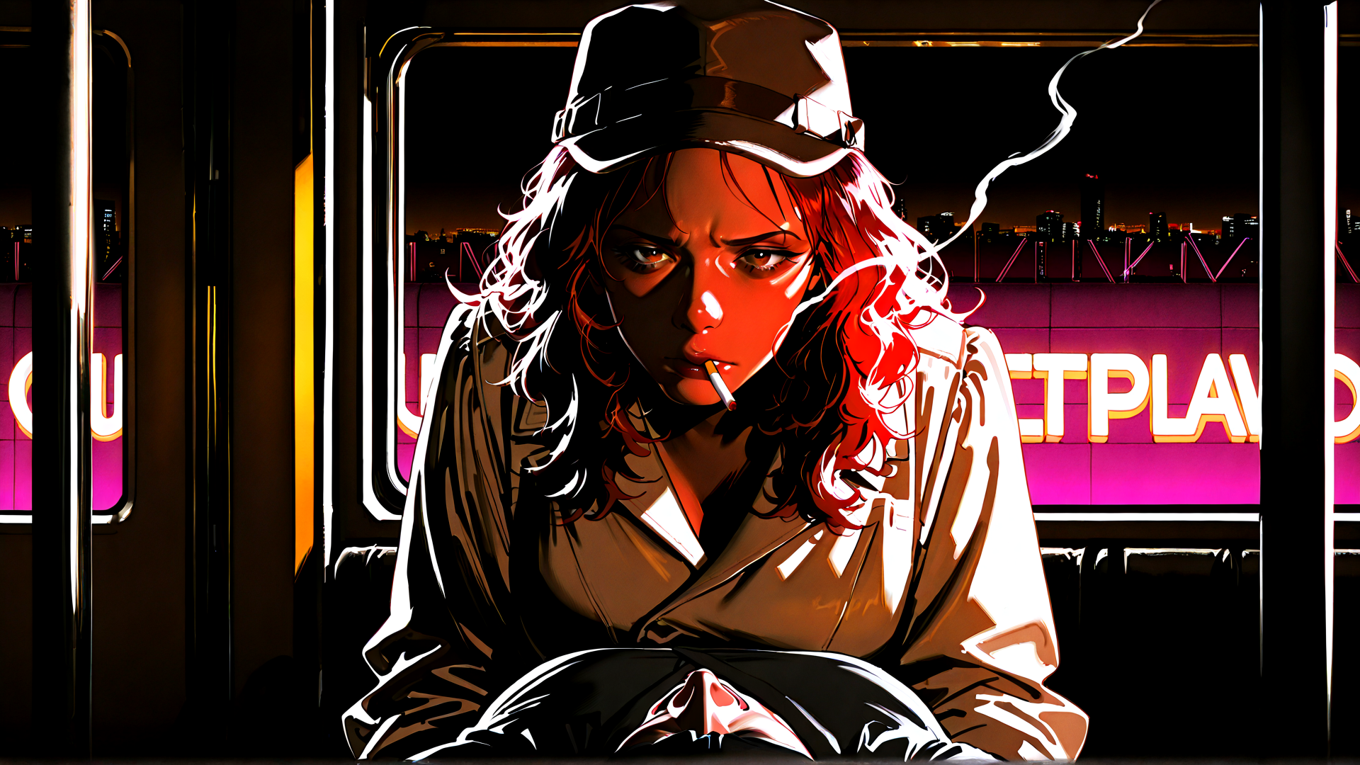 AI generated wallpaper featuring woman, hat, cigarette, cityscape, train