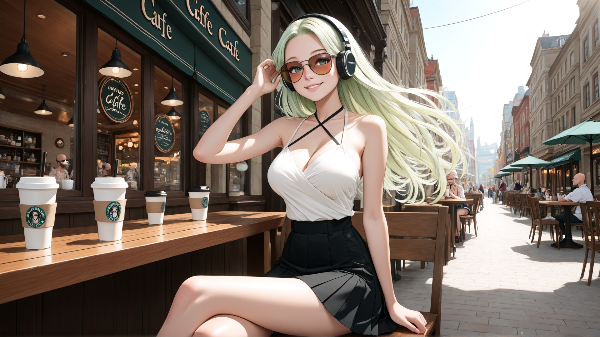 AI generated wallpaper featuring woman, cafe, street, cup, headphones, sunglasses, skirt, blouse, umbrella, building