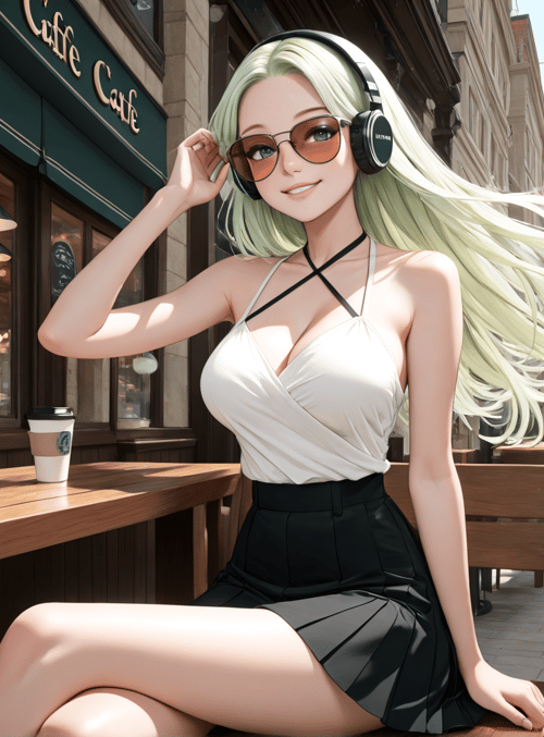 woman, cafe, street, cup, headphones, sunglasses, skirt, blouse, umbrella, building