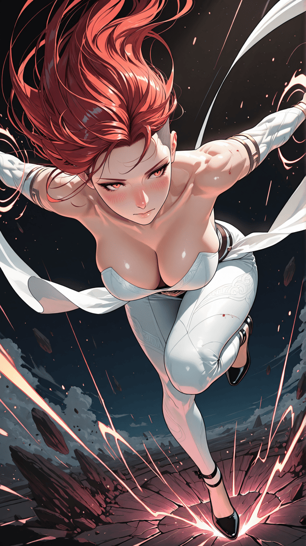 AI generated wallpaper featuring woman, red hair, white outfit, high heels, broken ground, sweat