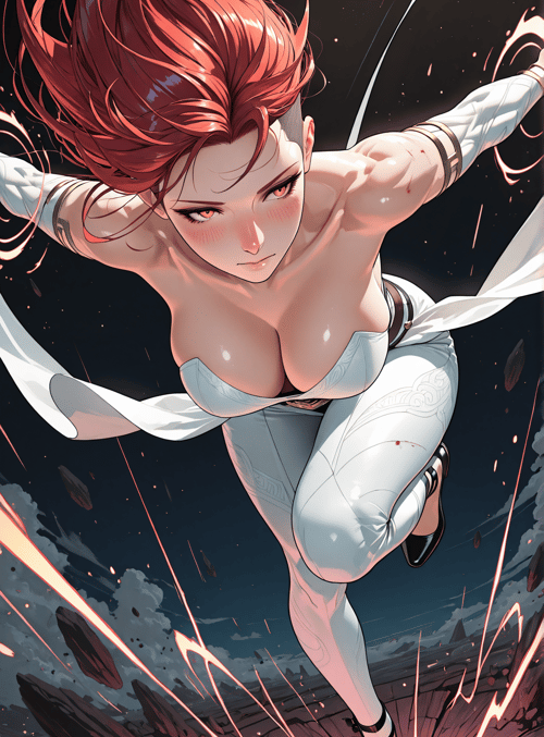 woman, red hair, white outfit, high heels, broken ground, sweat