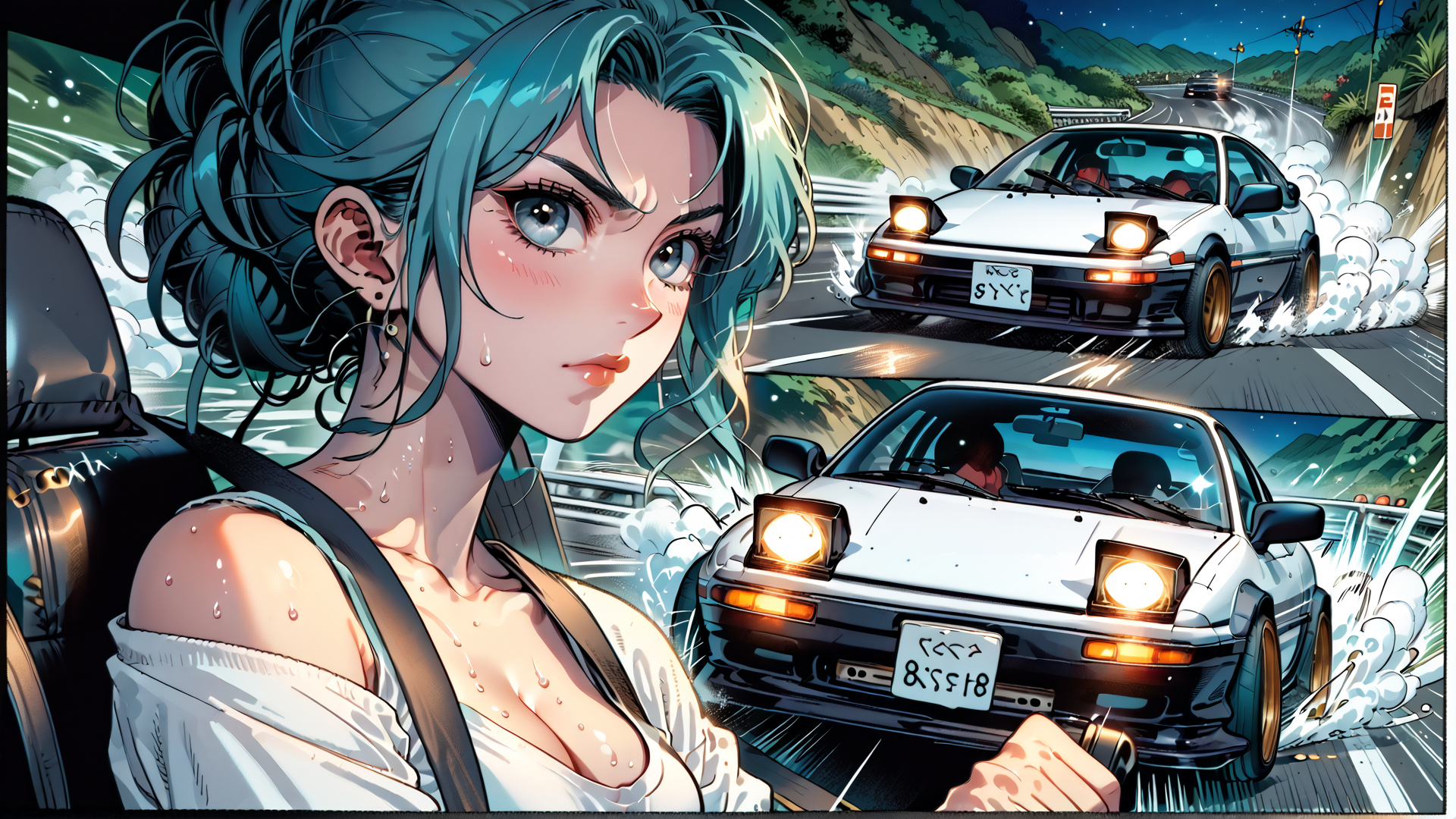 AI generated wallpaper featuring girl, car, road, drifting, license plate, sweat, headlight, mountain, night