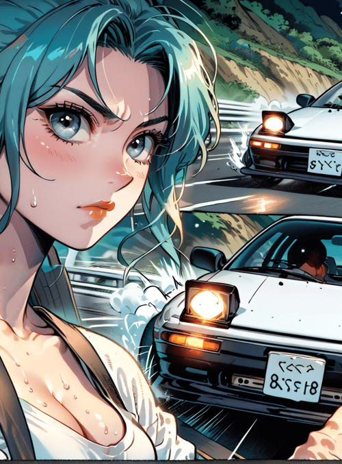 girl, car, road, drifting, license plate, sweat, headlight, mountain, night
