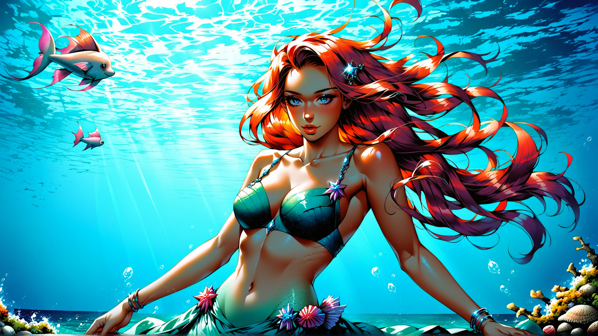 AI generated wallpaper featuring mermaid, fish, coral, ocean, seaweed, bubbles, sunlight, seashells, scales, wavy hair