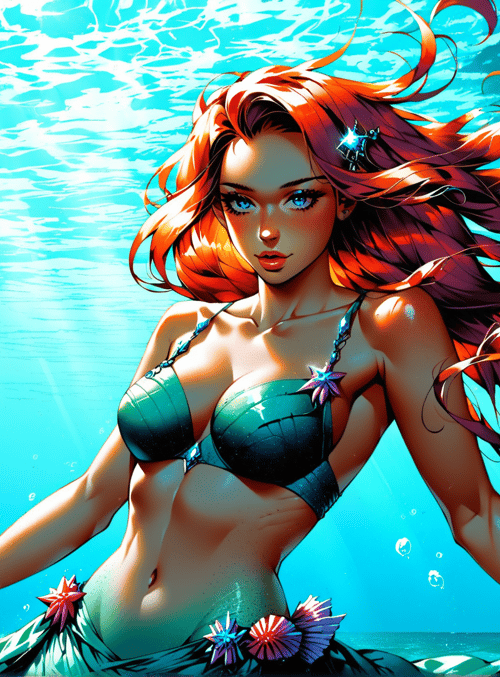 mermaid, fish, coral, ocean, seaweed, bubbles, sunlight, seashells, scales, wavy hair