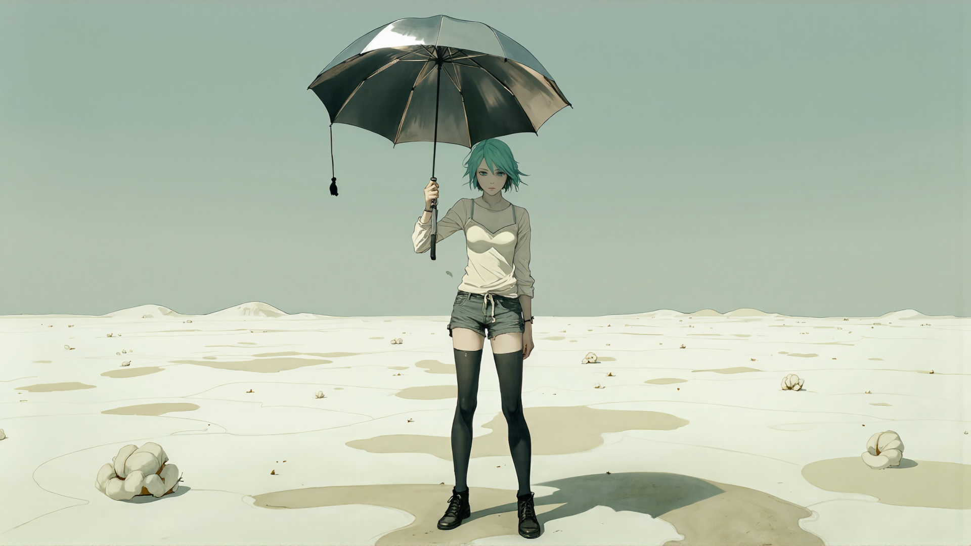 AI generated wallpaper featuring girl, umbrella, desert, shorts, stockings, shoes