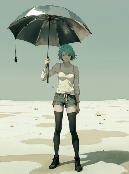 girl, umbrella, desert, shorts, stockings, shoes
