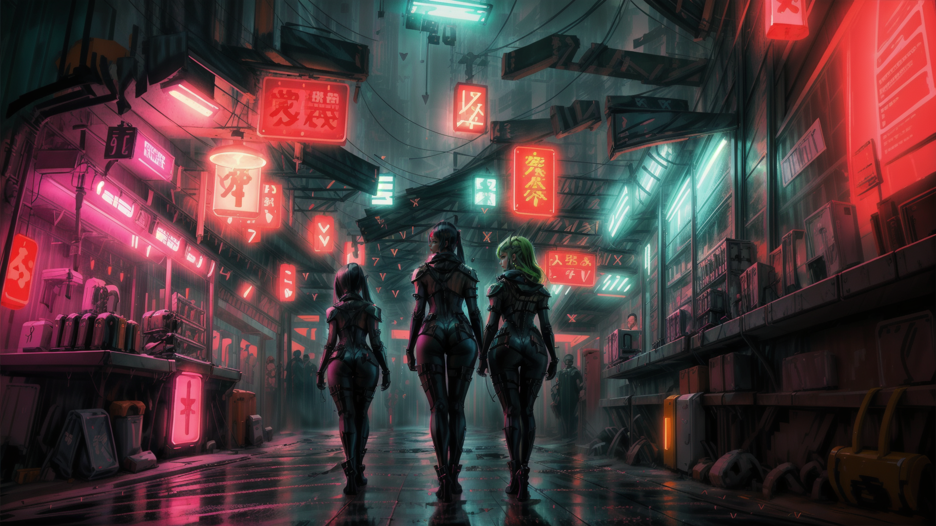 AI generated wallpaper featuring cyborgs, neon, street