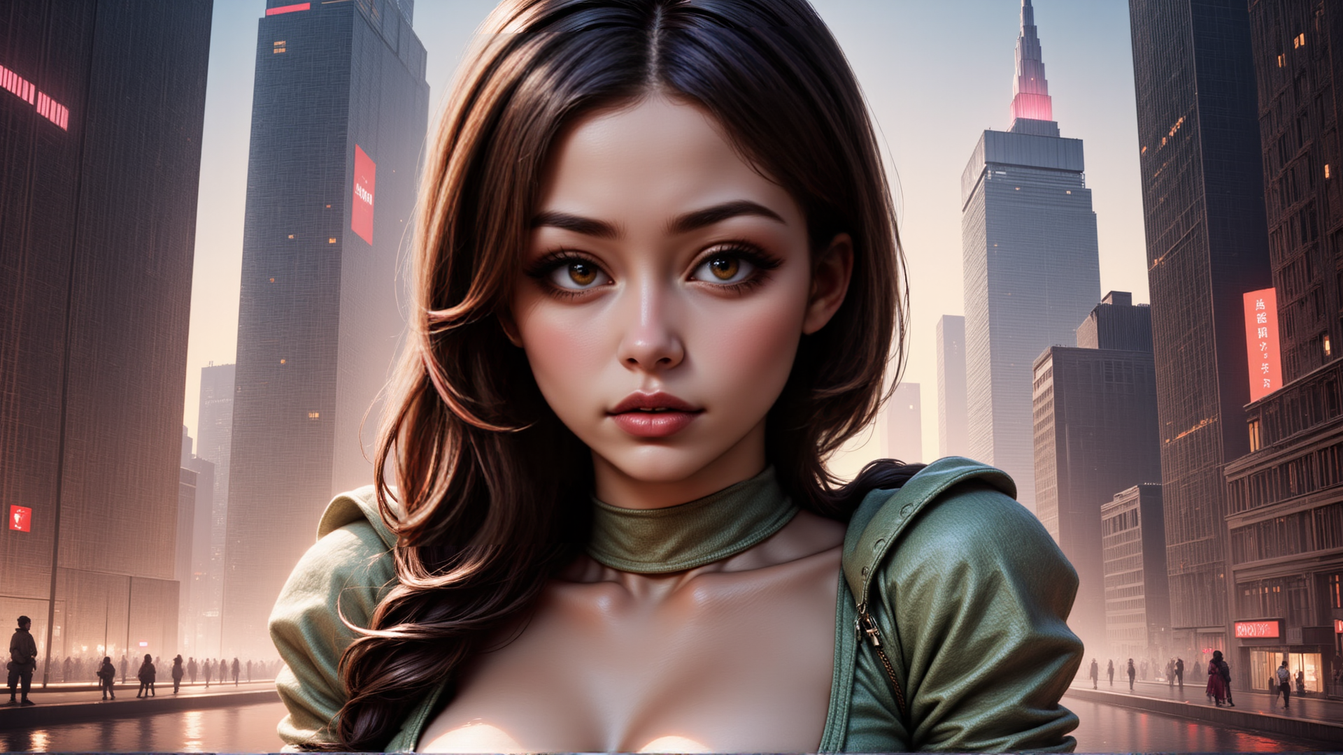 AI generated wallpaper featuring woman, city, skyscrapers