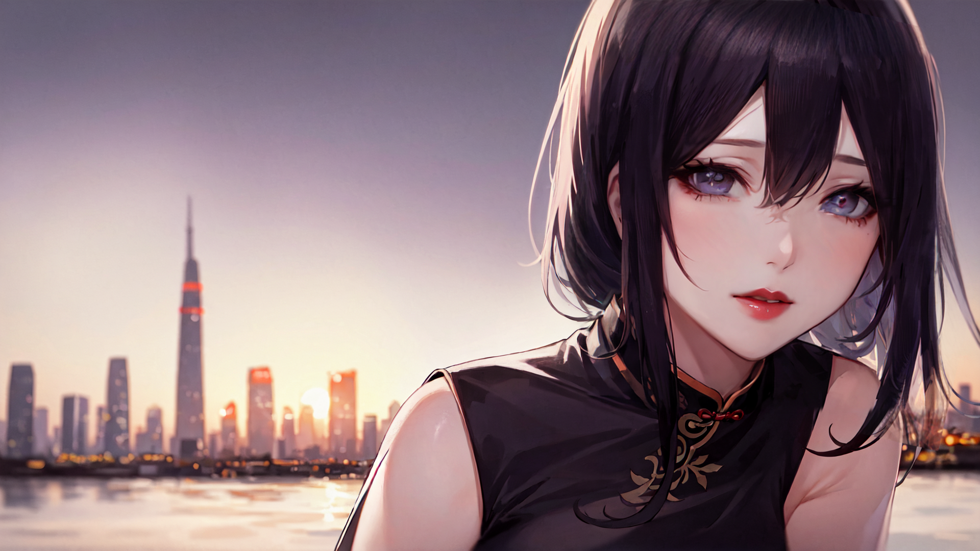 AI generated wallpaper featuring woman, cityscape, skyscraper