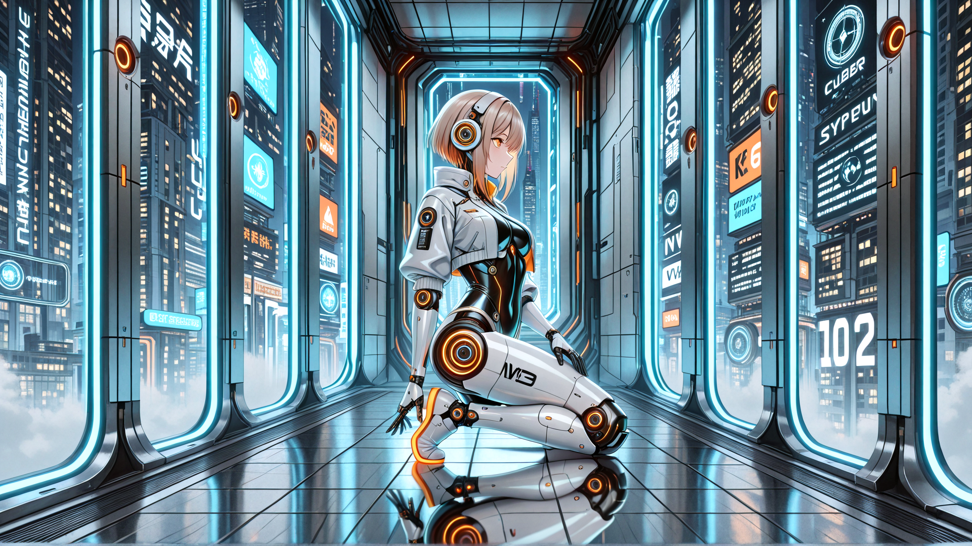 AI generated wallpaper featuring cyborg, robot, anime, girl, cityscape, neon, corridor, futuristic, wearable tech, headset