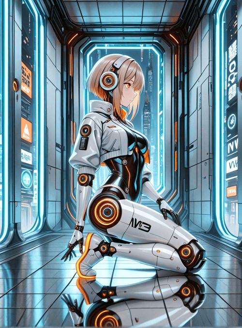 cyborg, robot, anime, girl, cityscape, neon, corridor, futuristic, wearable tech, headset